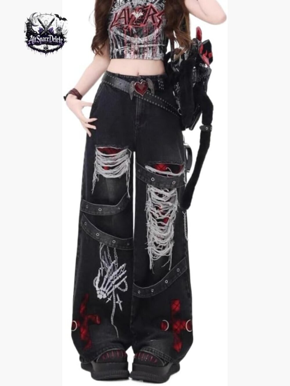 High Waist Ripped Baggy Jeans Straight Leg Goth Grunge Pants - Picture 1 of 7